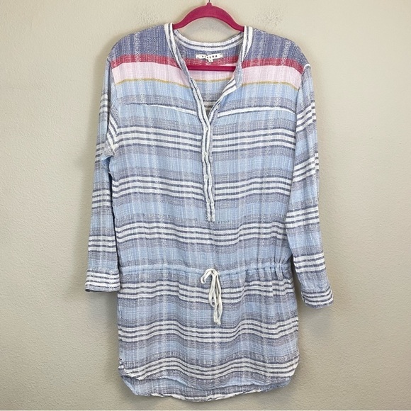 XIRENA Blue Striped Gauzy Long Sleeve Beachy Swim Cover Up Tunic Size S - Picture 1 of 9